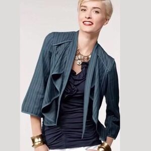 Cabi Jacket Size S Peplum Open Front Cascading Ruffle Swing Striped Blue Cotton